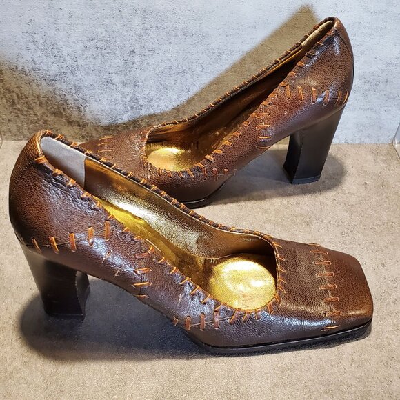 Dolce & Gabbana Vintage Y2K 90s Quiet Luxury Brown Leather Square Toe Heels 39 - Picture 7 of 16